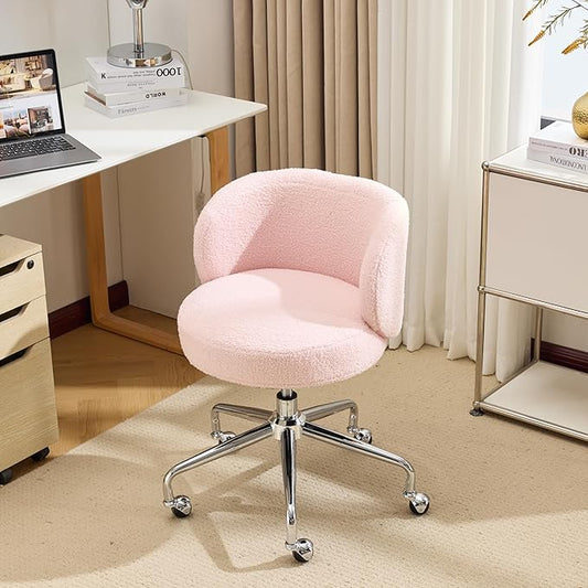 VINGLI Cute Small Swivel Desk Chair Comfy with Wheels,Ergonomic Low-Back Lumbar Support Vanity Nail Tech Rolling Task Stool Girls Women Kids Chair for Home Office,Height Adjustable,Teddy Fleece,Pink
