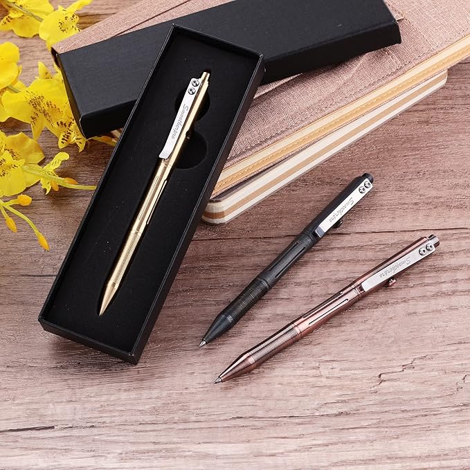 SMOOTHERPRO Bolt Action Pen, Solid Brass Ballpoint Pen Compatible with Pilot G2 Refill, Weighted Heavy Pen for Tremor Parkinson Arthritic Hand, Plated Vintage Retro Black(RG335)