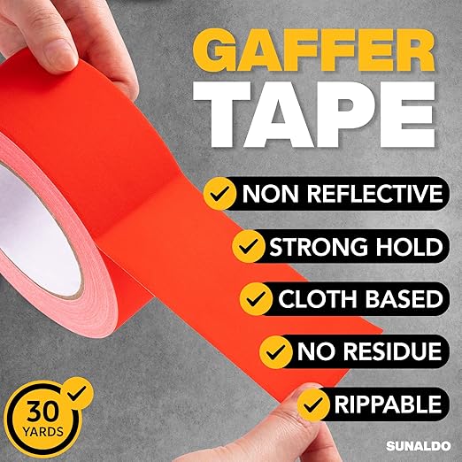 Gaffers Tape Heavy Duty, Easy to Rip, Residue-Free Professional Grade Floor Tape for Electrical Cords, Matte Finish Non Reflective, Weather Resistant (1, Red, 2" x 30 Yards)