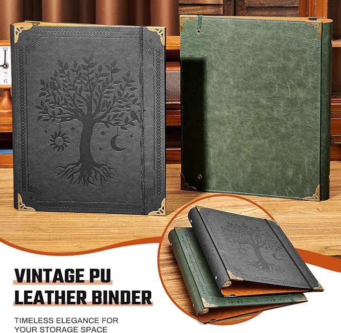 Ovesmusl PU Leather 3 Ring Binder 1.5 Inch Fits 8.5"x11" Letter Size Paper | 1.5 Inch Round Ring Binder Holds 350 Sheets, Notepad Paper Cover Loose Leaf Organizer, Black Tree