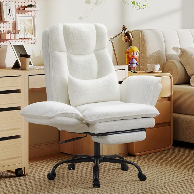 Wider Seat Office Chair with Flip Armrests for Criss Cross Legged&Cats, Big and Tall Executive Ergonomic Reclining Chair with Footrest&Lumbar Pillow, Teddy Fleece Desk Chair,White Vanity Chair