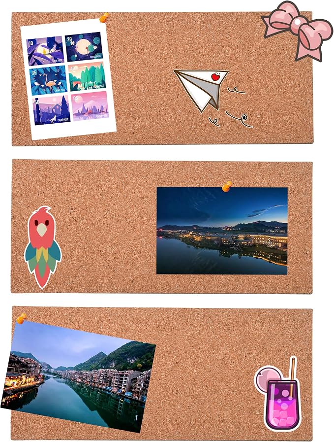 SUNGIFT 17 x 8 Inch Cork Bulletin Board 6 Pack, 1/2" Thick for Office/Home | Frameless Cork Tiles for School, Self-Adhesive Corkboards Wall Decor , 50 PCS Pushpins Included