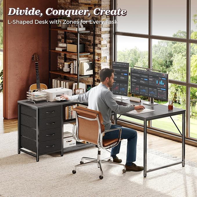 53" L Shaped Desk with Power Outlets & 4 Drawers | Reversible Computer Desk with 2 Storage Shelves, Large Corner Office Desk for Gaming Writing Work Study, Grey