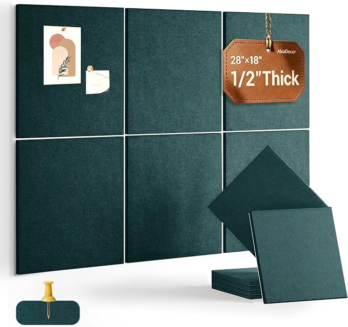 28" x 18" Felt Bulletin Board Tiles 1/2" Thick, Forest Green | 6 Pack Felt Tiles, Large Cork Board Alternative, 30 Adhesive Tabs, Pin Board for Home Office Decor with Easy Install
