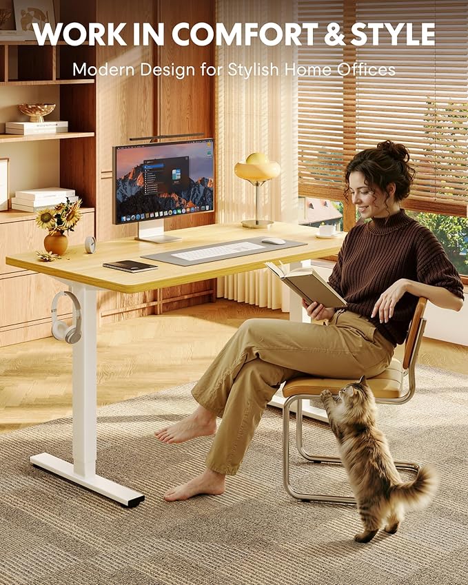 FLEXISPOT EN1 One-Piece Standing Desk with 1-Inch Thick Seamless Desktop, 55"x28" Electric Height Adjustable Desk for Home Office, Multi-Monitor Setups & Easy Assembly, Maple