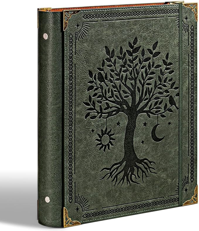 PU Leather 3 Ring Binder Fits 8.5"x11" Letter Size Paper, 1.5 Inch Round Ring Binder Holds 350 Sheets, Notepad Paper Cover Loose Leaf Organizer, Green Tree