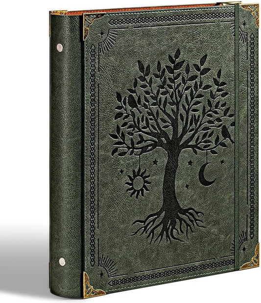 PU Leather 3 Ring Binder Fits 8.5"x11" Letter Size Paper, 1.5 Inch Round Ring Binder Holds 350 Sheets, Notepad Paper Cover Loose Leaf Organizer, Green Tree