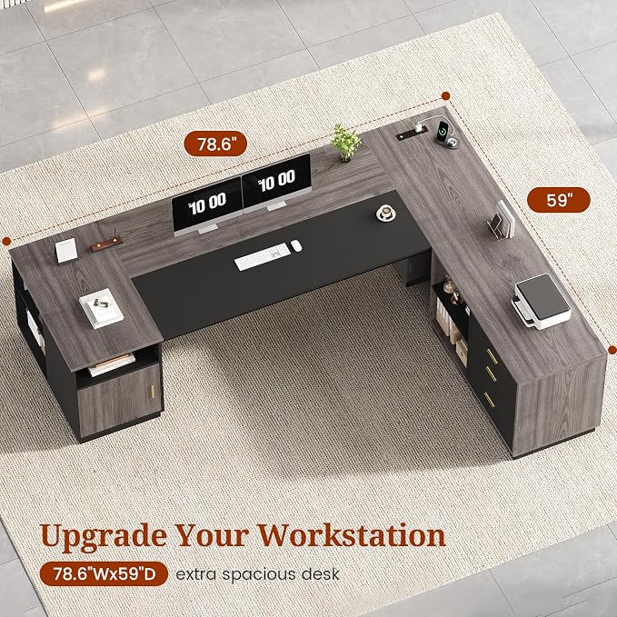 78.7" L Shaped Executive Desk with Lateral File Cabinet, Extra Large Office Desk with Drawers & Power Outlets, Modern Corner Computer Desk with Storage Shelves, Business Furniture, Grey