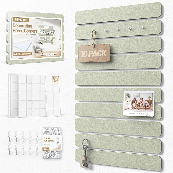 10 Pack 13"x2" Cork Board Strip with Removable Adhesive Squares & Push Pins | Pin Board Alternative Felt Strip Bulletin Board, Felt Board for Photo & Note Display, Home Office Decor - Sage