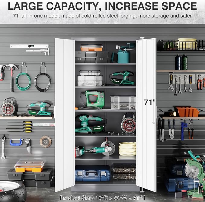 6 Tier Storage Cabinet with Doors and Shelves,71" Tall Metal Storage Cabinet with Lock Door Adjustable Shelf, Steel Lockers for Office, Home,School,Kitchen,Garage Tool Utility Cabinet