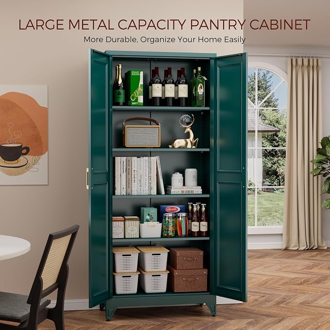 75" Kitchen Pantry Cabinet, Metal Storage Cabinets with 2 Doors | Kitchen Cabinet with 4 Adjustable Shelves, Tall Food Pantry Storage Cabinet, Cupboard for Kitchen, Dining Room, Living Room