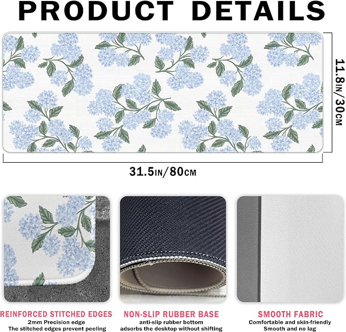 UTELKA Blue Desk Mat, Flroal Desk Matt for Desktop Mouse Pad 31.5x11.8 | Blue Desk Accessories, Blue and White Mouse Pad, Hydrangea Extra Large Desks Mat, Aesthetic Office Accessories for Women