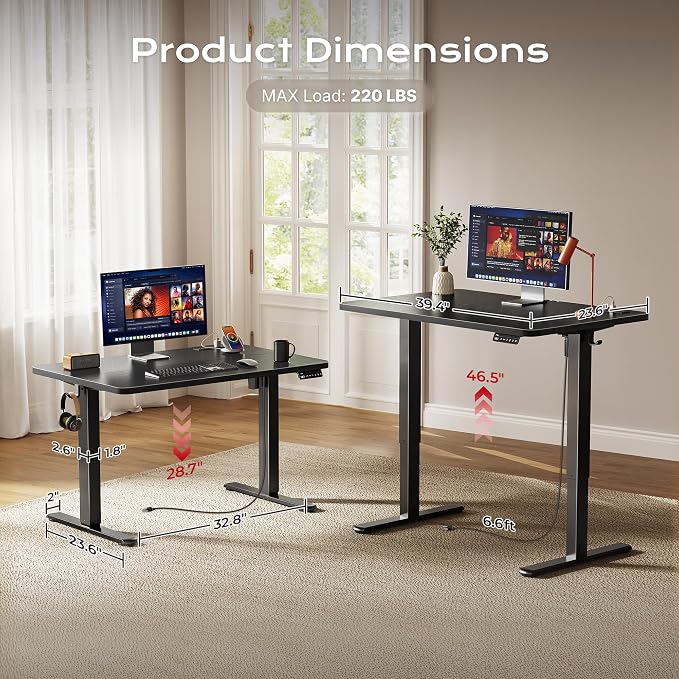 Huuger Electric Standing Desk with Power Outlets and USB-C Port, 39 X 24 Inch Height Adjustable Desk, Sit Stand Desk for Home Office, Computer & Gaming Desk with 4 Presets, Stable Steel Frame, Black