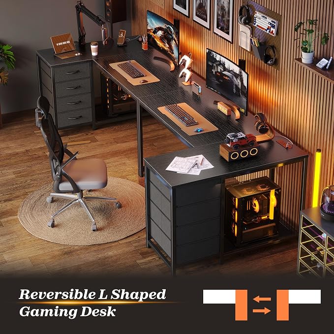 43.3" Small L Shaped Desk with Power Outlets & 4 Drawers | Reversible Computer Desk with 2 Storage Shelves, Corner Office Desk for Gaming Writing Work Study, Black