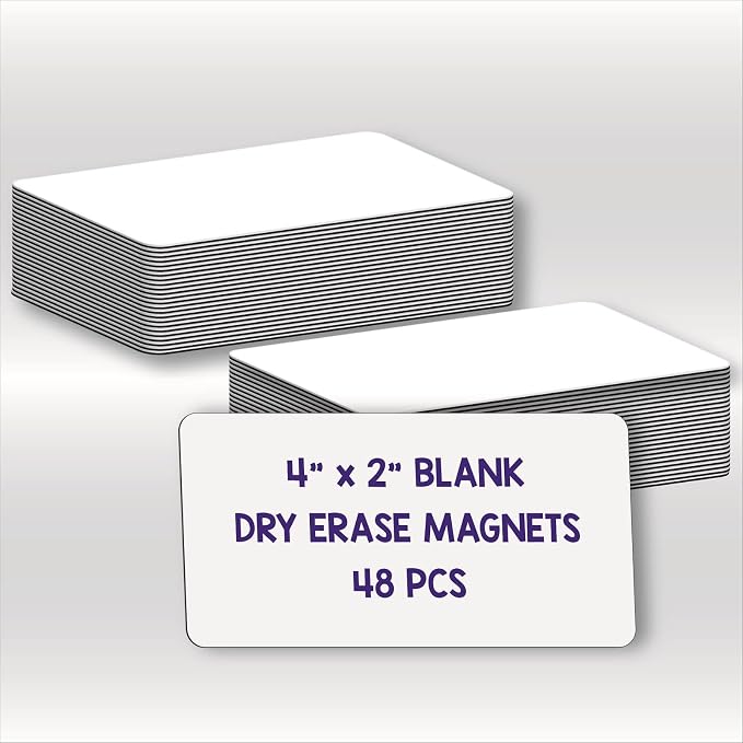 Blank Magnetic Dry Erase Magnets Labels, 4" x 2", 48 Pack | Erasable Magnets for Whiteboard, Multipurpose White Magnetic Labels to Write On, For Classroom, Home, Education, Office