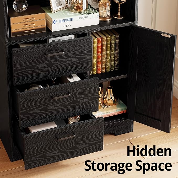 IRONCK 71 in Bookshelf with Doors and Drawers, Industrial Tall Bookcase | Engineered wood with 3-tier shelves, 3 drawers, enclosed storage, anti-tip hardware, 132 lb maximum capacity, for home office