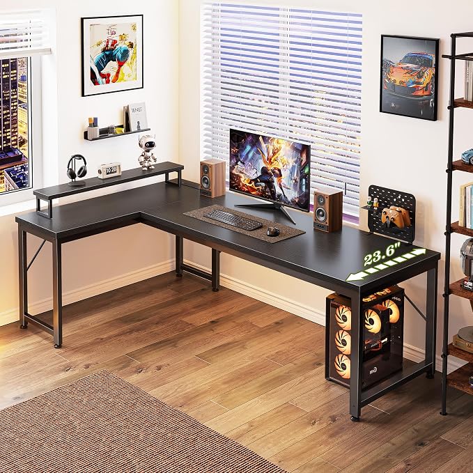 61" L Shaped Computer Desk, Power Outlets, Monitor Stand, Black | USB-C Ports, Reversible Charging Station, Spacious Desktop & Legroom, 0.94 Inch Thick Desktop, for Gaming, Study & Work