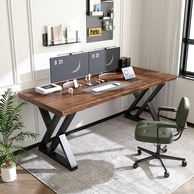 Solid Wood Desk 63 Inches, Live Edge Wooden Home Office Computer Desk Metal Frame Modern Simple Design Executive Real Wood Desk for Writing Study Dining Gaming