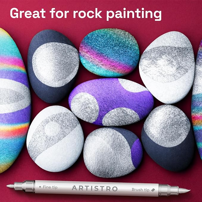 ARTISTRO 5 Silver Dual-Tip Acrylic Paint Marker Pens for Drawing | For Fabric, Rock, Glass, Wood, & Molds, Arts & Crafts Gift for Adults, Teens, & Kids, Classroom Must Haves & School Supplies