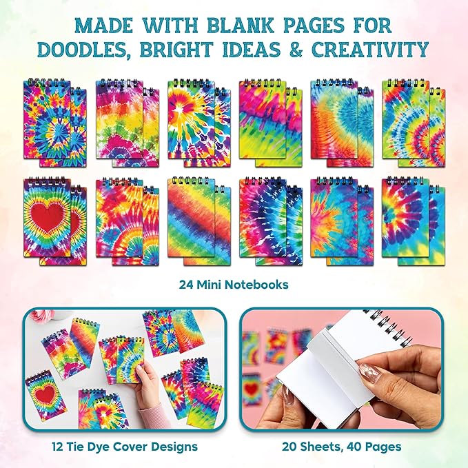 Decorably 24 Pack Spiral Tie Dye Party Favors for Kids 8-12 - 12 Colorful Designs 2.4x4in Small Notebook, Spring-Bound with 20 Sheets - Gifts for Birthday, Baby Shower, Children's Party, School