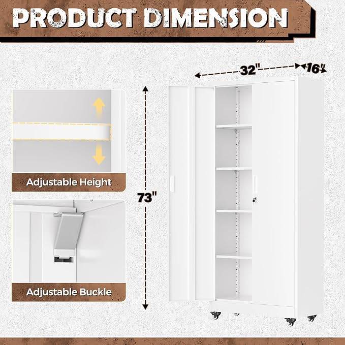 Metal Garage Storage Cabinet with Wheels, Rolling Storage Cabinet with Locking Doors and 4 Adjustable Shelves,- 73" Steel Tool Cabinet for Home Office,Garage,Warehouse，White