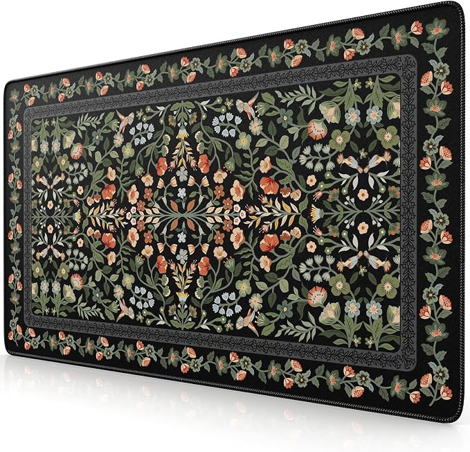 iCasso Aesthetic Mouse Pad,23.6x13.7in Desk Pad, Black Flower | Vintage Desk Matt for Desktop, Anti-Slip Mousepad with Stitched Edges for Laptop Computer Keyboard