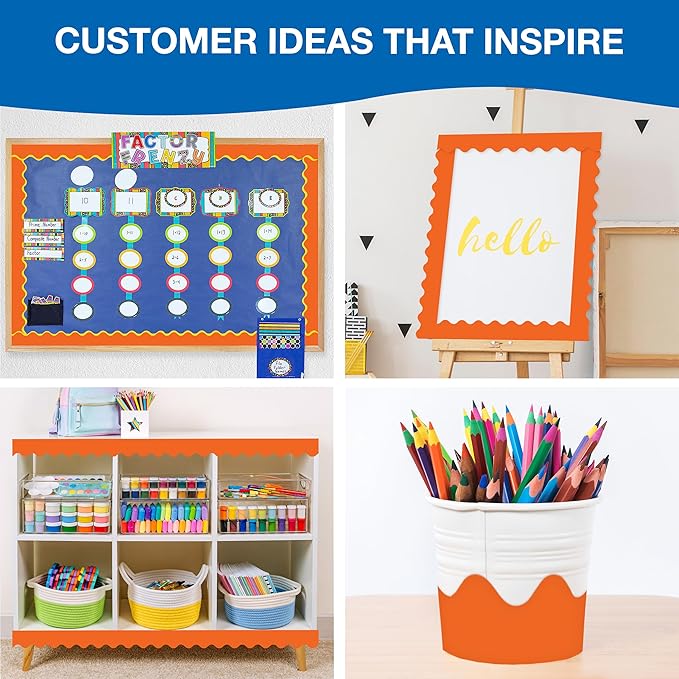 Carson Dellosa Education 65Ft of Orange Bulletin Board Borders, 1 Roll of Scalloped Trim for Rolling Whiteboard, Cork and Posterboard, Halloween, Party Decorations, and Classroom Decor