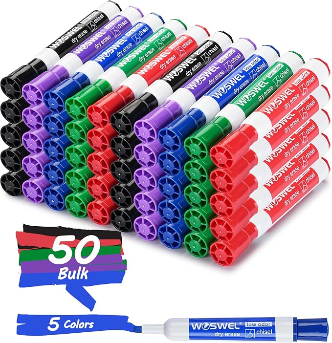 WOSWEL Dry Erase Markers, Chisel Tip Whiteboard Markers, Low Odor Thick Dry Markers, 50 Bulk 5 Assorted Colors (Black/Blue/Red/Green/Purple) for Teachers, Classroom, Office & Home Use