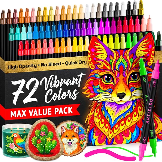 ARTISTRO Precision Dual-Tip Acrylic Paint Marker Pens - Set of 72 | For Fabric, Rock, Glass, Wood, & Coloring Books, Arts & Crafts Gift, Classroom Must Haves & School Supplies (Dot & Fine Tips)