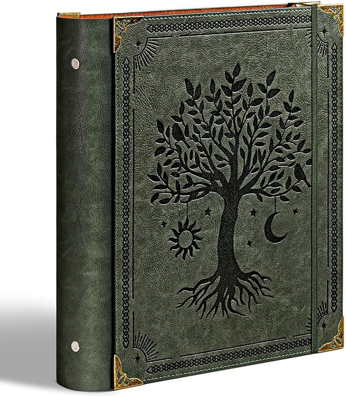 PU Leather 3 Ring Binder Fits 8.5"x11" Letter Size Paper, 2 Inch Round Ring Binder Holds 500 Sheets, Notepad Paper Cover Loose Leaf Organizer, Green Tree