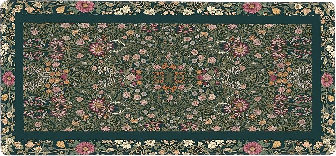 Cute Floral Aesthetic Daisy Gaming Mouse Pad, Dark Green Rug Desk Mat with Anti-Slip Base & Stitched Edges,35.4" x 15.7" in Table Mat for Computer Desktop, Beautiful Workstation Decor