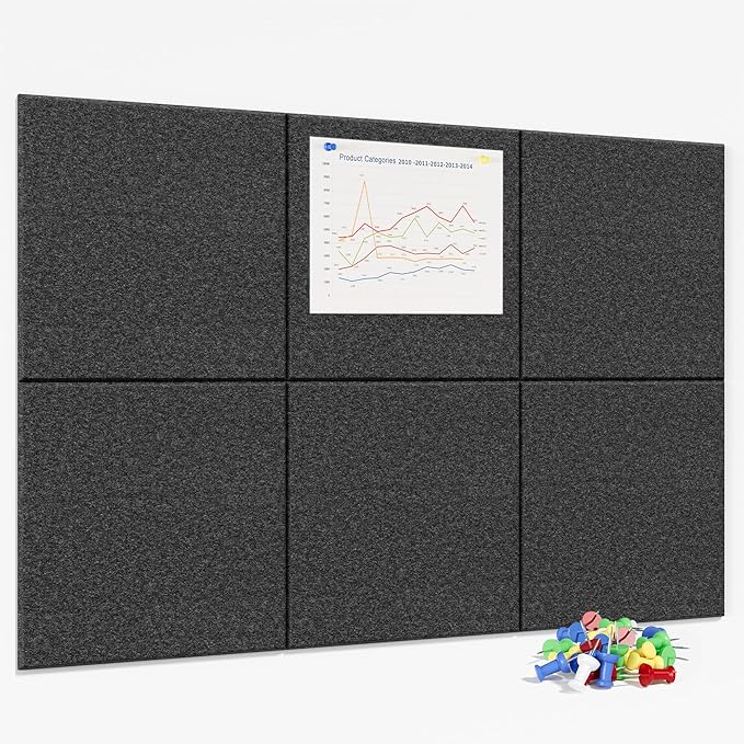 Large Cork Board for Wall, 36" x 24" Bulletin Board with Pushpins, 6 Panels Felt Tiles Tack Push Pin Board for Office, Dark Gray