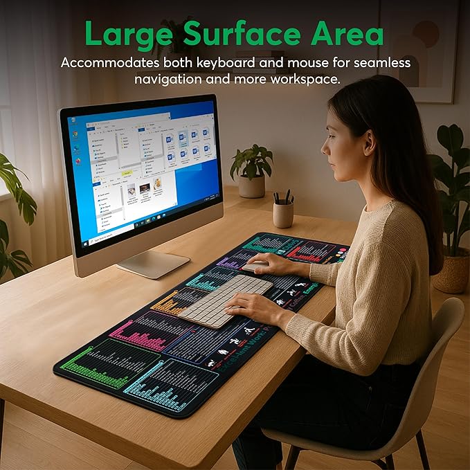 Excel Cheat Sheet Desk Pad – XL Excel Mouse Pad with Shortcut Keys & Formulas | 31.5"x11.8" Waterproof Non-Slip Desk Mat, HD Print, Stitched Edges for Work & Gaming