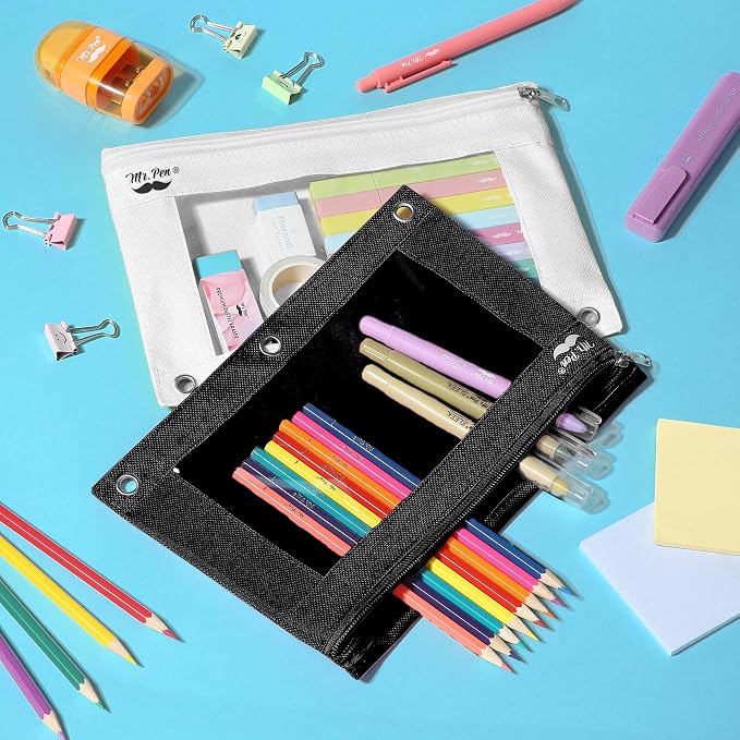 Mr. Pen- Pencil Pouch for 3 Ring Binder, 2 Pack, 10"x6.75", Smooth Zipper | Clear Window, Large Capacity Pencil Case with 3 Reinforced Grommets for School, Office, Supplies Storage | Clear Window, Large Capacity Pencil Case with 3 Reinforced Grommets f...