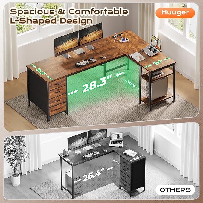 Huuger 55 Inch L Shaped Desk with Fabric Drawers, Reversible Computer Gaming Desk with Power Outlets and USB-C Port, Adjustable Side Storage Shelves, for Work Corner Home Office, Rustic Brown
