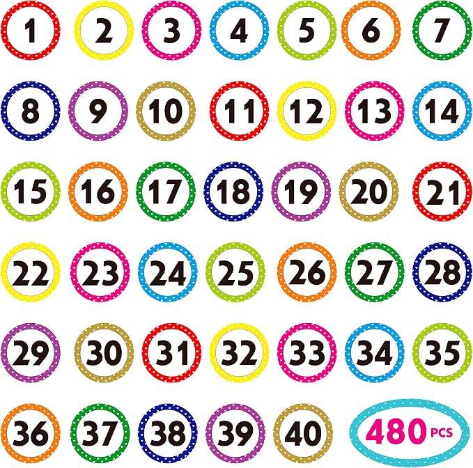 480 PCS Polka Dot 1-40 Numbers Stickers for Office, Classroom, Organizing (Each Measures 1" in Diameter)