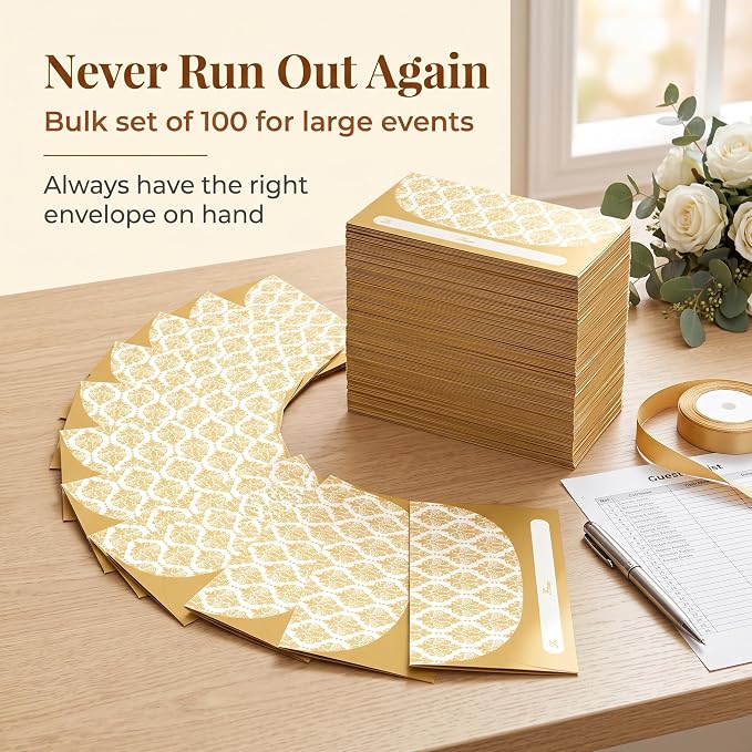 XXINMOH 100 Pack Gold Money Envelopes for Cash Gifts (7x3 Inch), Fancy Decorative Design Money Holder for Christmas, Birthday, Graduations, Weddings, Small Money Saving Envelopes, Bulk Value Pack