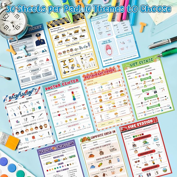 TICIAGA Kids Pretend Play Notepads - 10PCS 4x6 In Playtime Pad Included Restaurant Police Vet Doctor Salon Camp Vehicle Notepad 30 Page Pretend Notebook Imaginative Role for Toddler Kid Play Game, Boy
