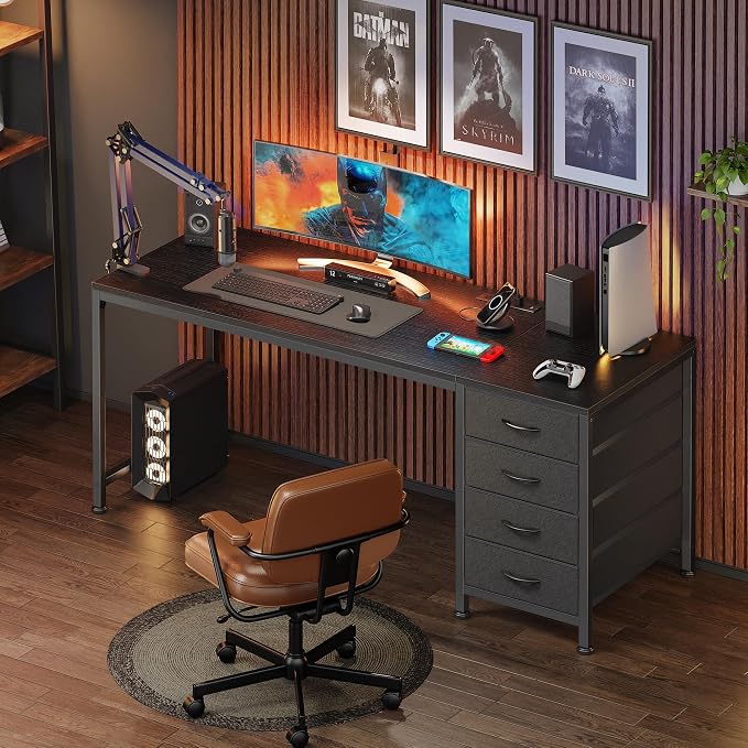 55.1 Inch Computer Office Desk with Power Outelts and USB-C Port, Reversible Gaming Desk with 4 Fabric Drawers, Work Study Desk Work from Home, Black