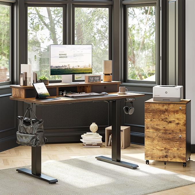 TIQLAB 55 * 28 inch Standing Desk with Two Drawers&Top Shelf, Rustic Brown | Smooth Height Adjustment, 2 Memory Presets, One-Touch Control, Stable Steel Frame, 176 lbs Capacity, Easy Assembly