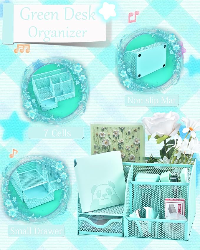 23pc Green Desk Accessories and Organizers with Mesh Organizer Stapler Tape Dispenser Calculator and a Lot of Office Purple Office Supplies Beautifully Presented in a Gift Box