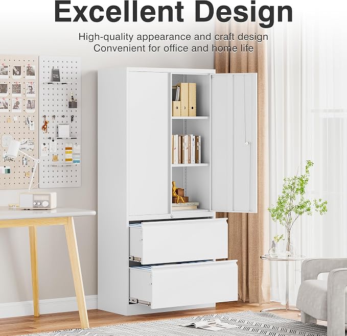 Storage Cabinet Metal Display Cabinet with Glass Doors, 71in H x 31.5in W x 15.7in D, White, Kitchen Pantry Cabinet for Home Office, Bathroom, Bedroom, Living Room