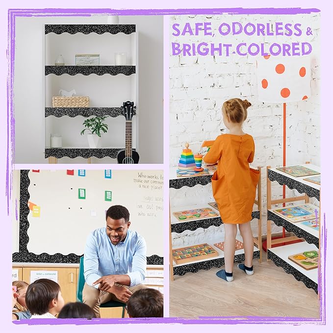 60 Feet Bulletin Board Borders, 45 Sheets Glittering Scalloped Border Trim, Walls, Desks, Windows, Doors, Chalkboards, Whiteboards Decors for School, Classroom, Home & Offices (Black)