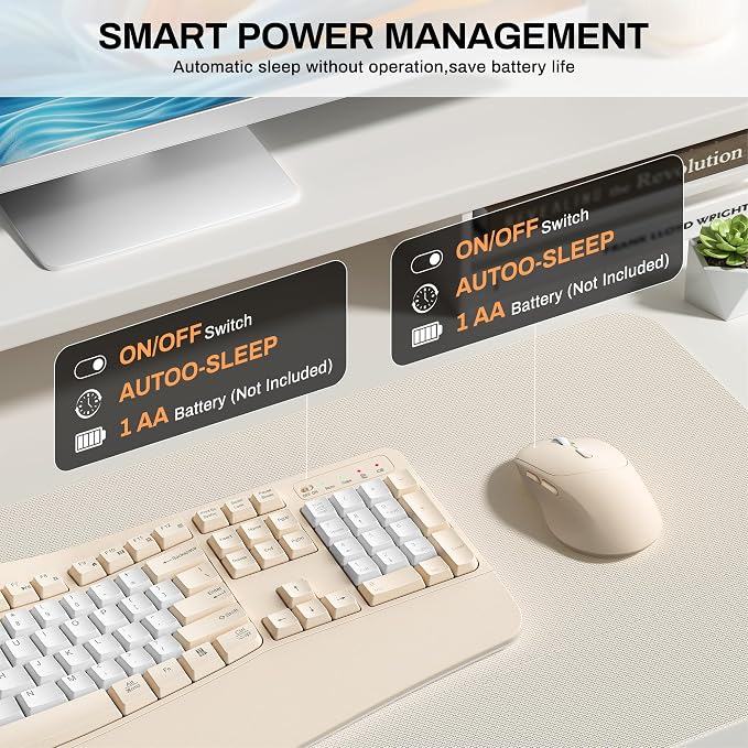Wireless Keyboard and Mouse Combo,2.4G Ergonomic Wave Keys(Latte Color-B) | Full Size Cordless Keyboard with Wrist Rest,3-Level DPI Ergonomic Mouse for Office and Home,Windows/Mac OS/Desktop/Laptop/PC