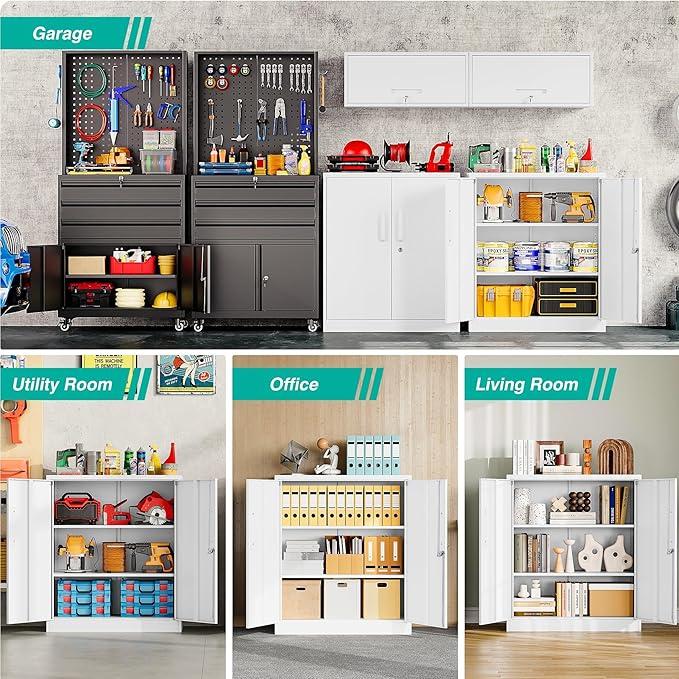 36 inch Storage Cabinet with Doors and Shelves,White Metal Storage Cabinet,Small Locking Metal Cabinets,Short Steel Counter Cabinets with Lock for Garage Home Office Pantry