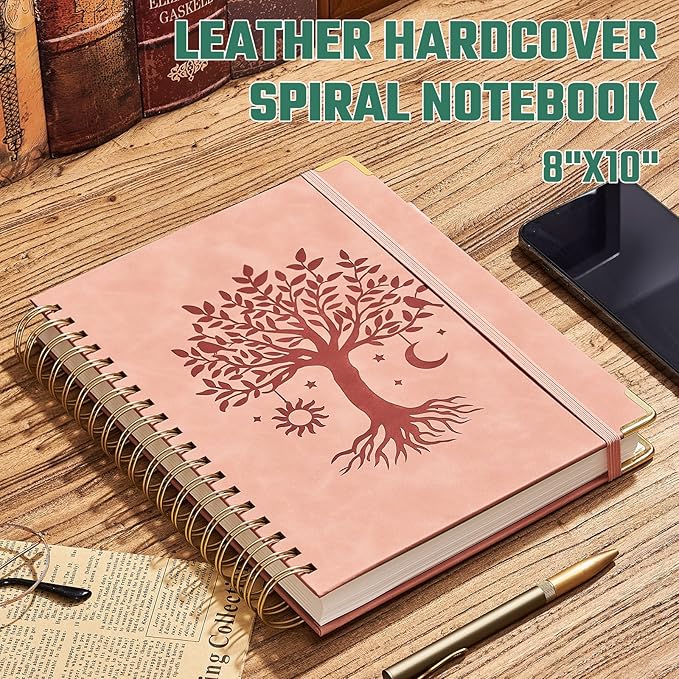Hardcover Spiral Notebook 8" x 10" with 5 Removable Dividers 300 Pages Leather 5 Subject Notebook College Ruled 100GSM Large Spiral Notebooks for Work Thick Lined Journal for Women, Pink