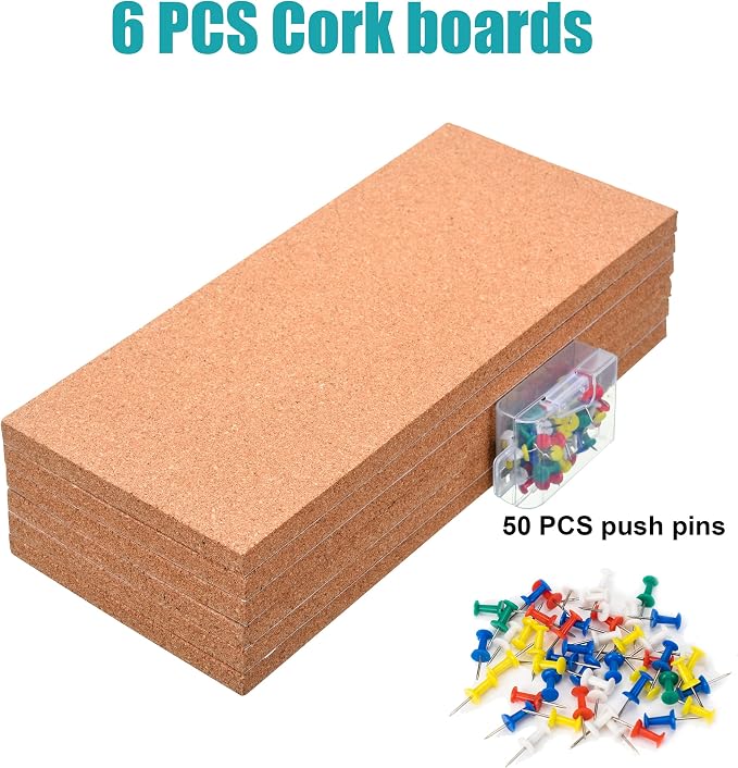 SUNGIFT 17 x 8 Inch Cork Bulletin Board 6 Pack, 1/2" Thick for Office/Home | Frameless Cork Tiles for School, Self-Adhesive Corkboards Wall Decor , 50 PCS Pushpins Included