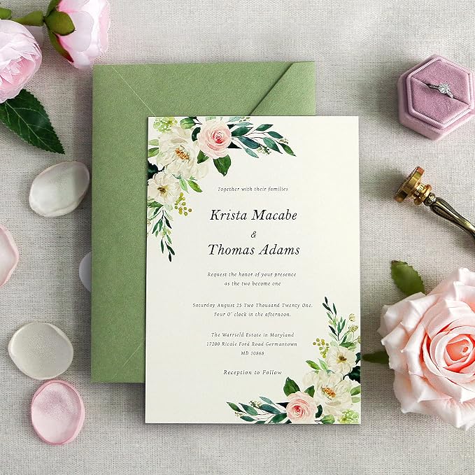 PONATIA 50 PCS/Pack A7 Envelopes, 5.25 x 7.25'' Sage Green Envelopes For 5 x 7'' Weddings Invitation Cards, Christmas Gift Cards, Acrylic Invitations, Photos and Any 5x7 Inserts