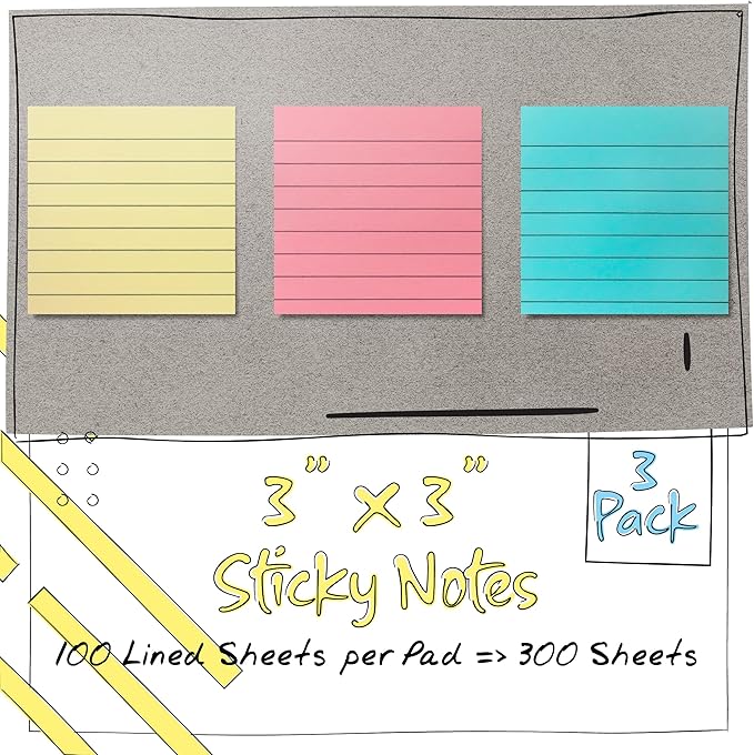 Better Office Products Lined Sticky Notes 3 x 3, 3 Pack, 300 Sheets (100/Pad), Self Stick Notes with Lines, Assorted Pastel Colors, Post Memos, Strong Adhesive, 3 Pads
