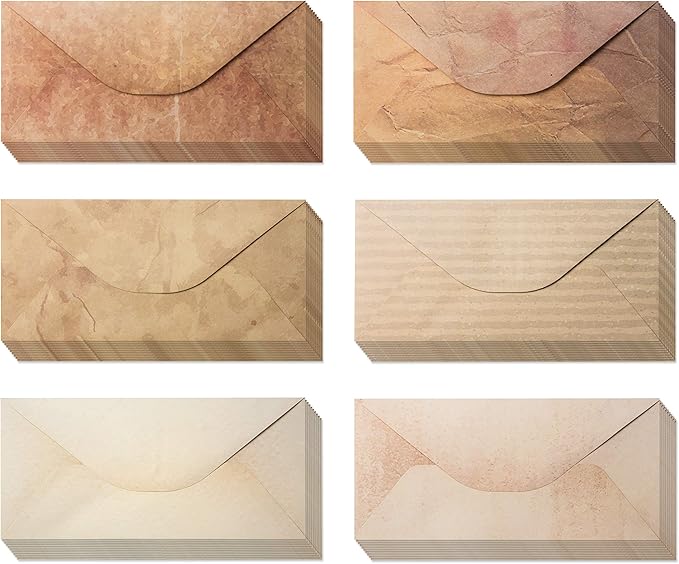 【Pack 48 】Vintage Style Envelopes - Classic Aged Envelopes in 6 Unique Designs - Old Looking Antique Looking- 4 x 8.7 inches (48 Pack)